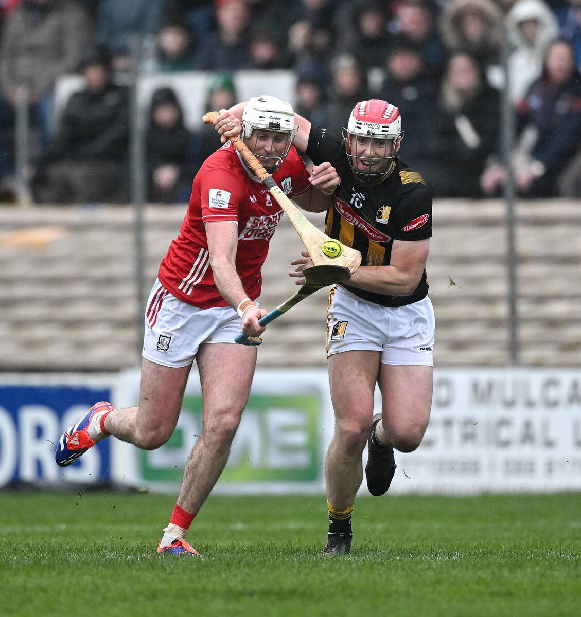 Tim O'Mahony of Cork is tackled by Liam Moore of Kilkenny. Picture: Ray McManus/Sportsfile