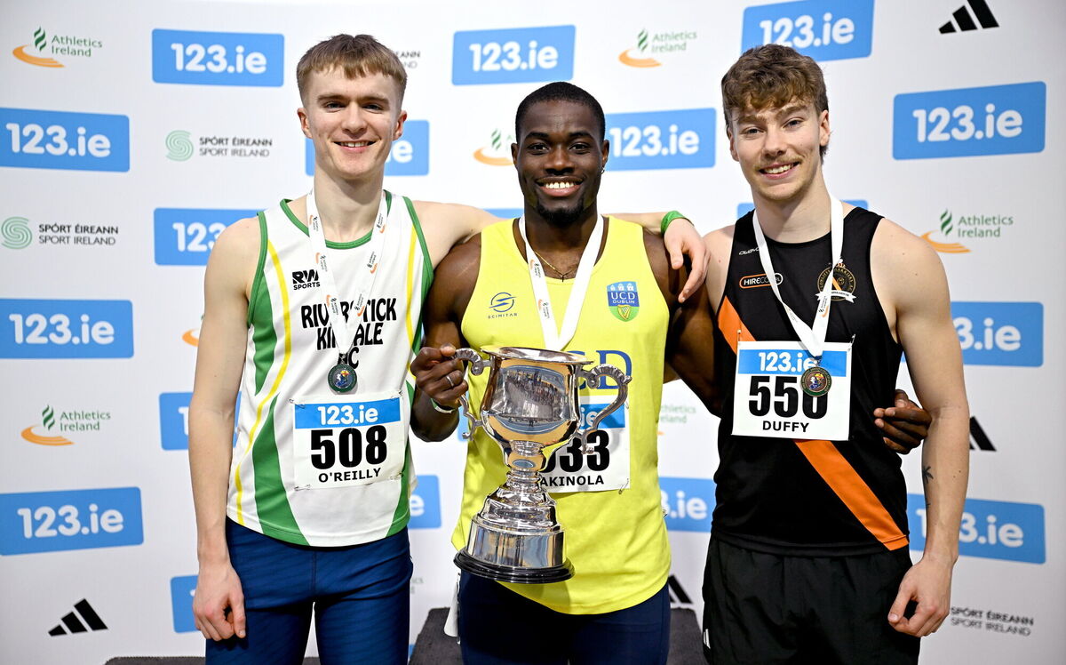 Men's 60m medallists, Bori Akinola of UCD AC, Dublin, centre, gold, Max O'Reilly of Riverstick/Kinsale AC, Cork, left, silver, and Craig Duffy of Clonliffe Harriers AC. Picture: Sam Barnes/Sportsfile