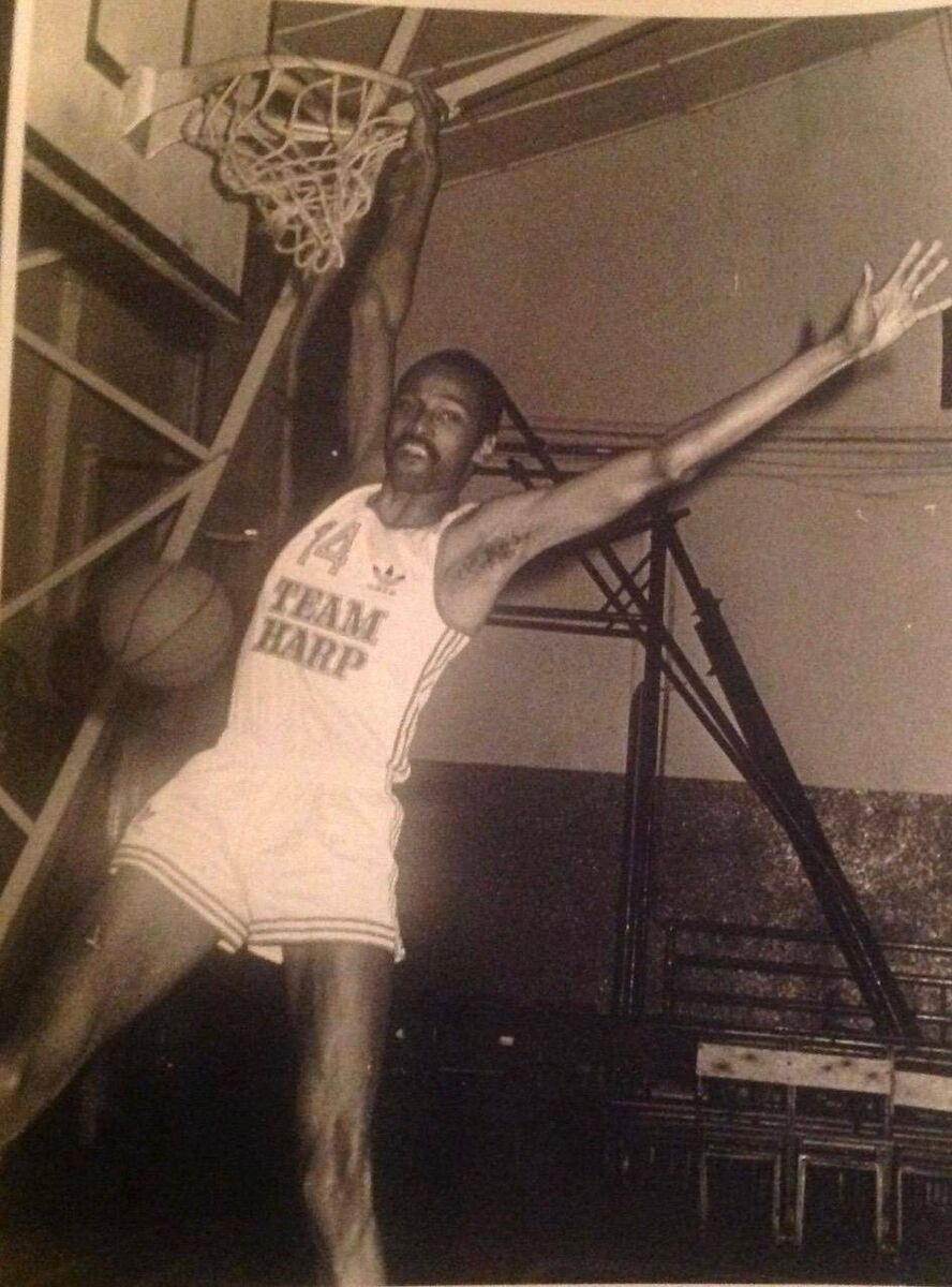 Bob Stephens scoring a slam dunk for North Mon/ Team Harp Lager back in the eighties.
