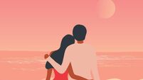 Loving couple embracing and looking  moon on the beach in sunset sky background vector illustration. Love, happy valentine's day