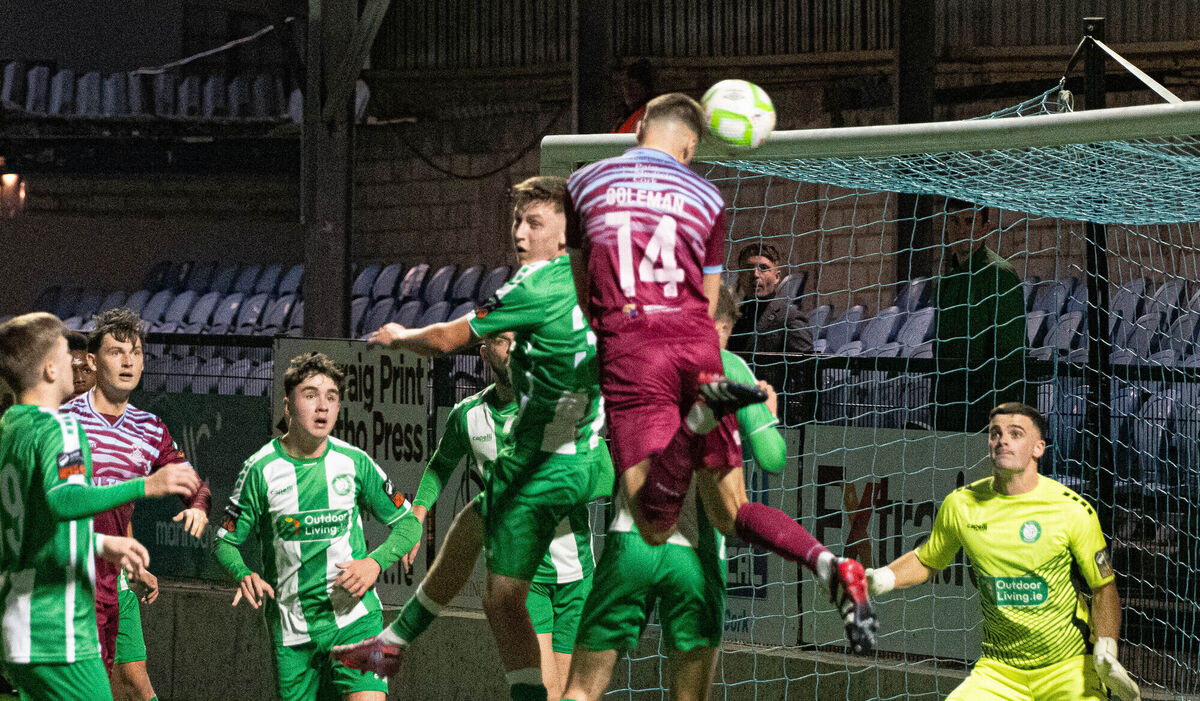 Cobh Ramblers' Cian Coleman heads the ball towards the Bray goal during their First Division match at St Colman's Park. Picture: Howard Crowdy