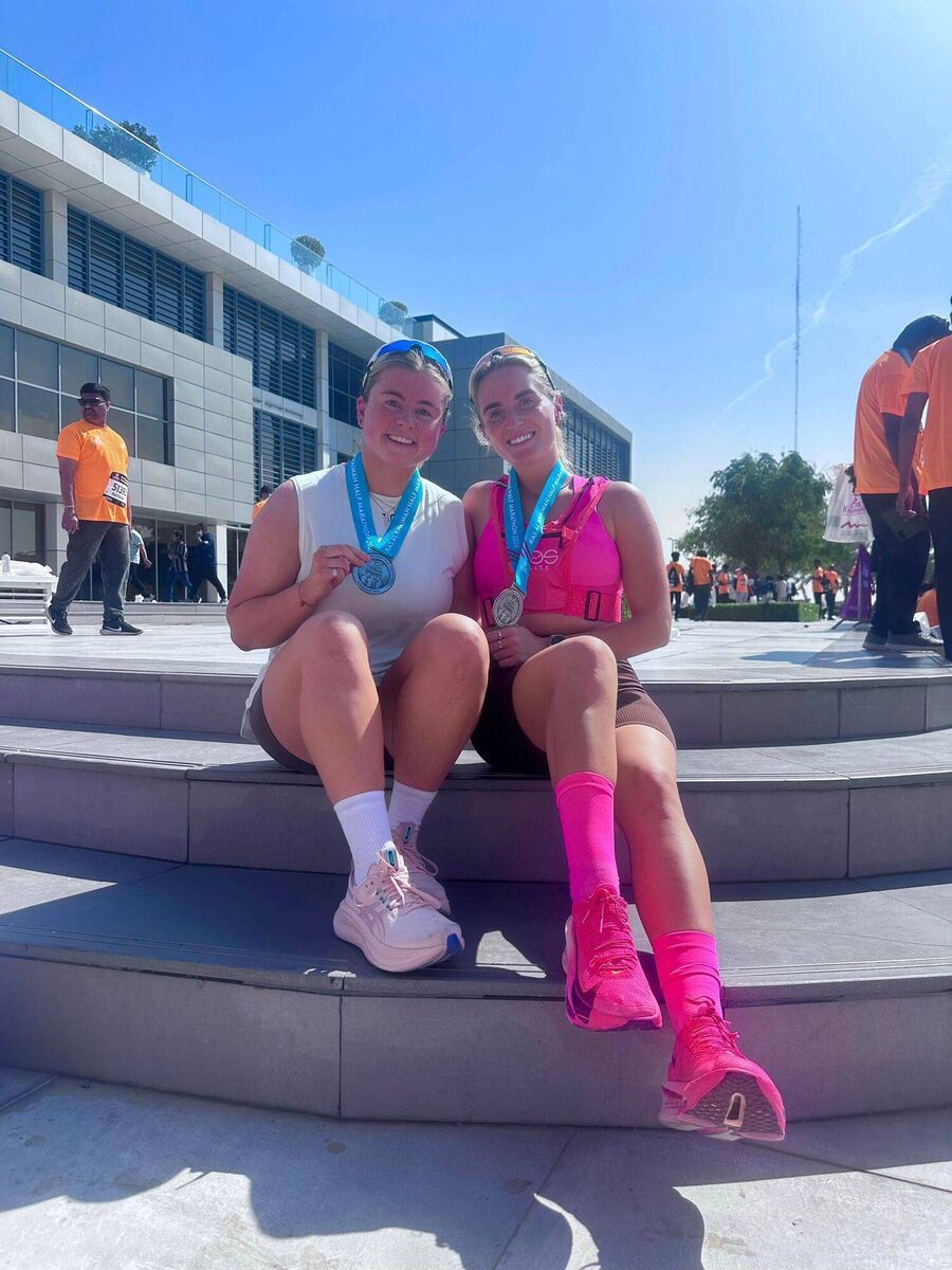 Dubai-based teachers Sophie O’Hare from Blarney and Tara Gilli from Innishannon, after they ran in the Ras Al Khaimah half marathon in the United Arab Emirates last month.