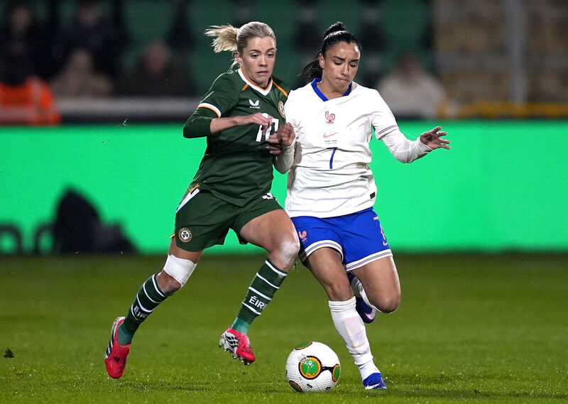 Republic of Ireland's Denise O'Sullivan (left) and France's Sakina Karchaoui battle for the ball during the FIFA Women's World Cup UEFA Qualifier match at Tallaght Stadium.