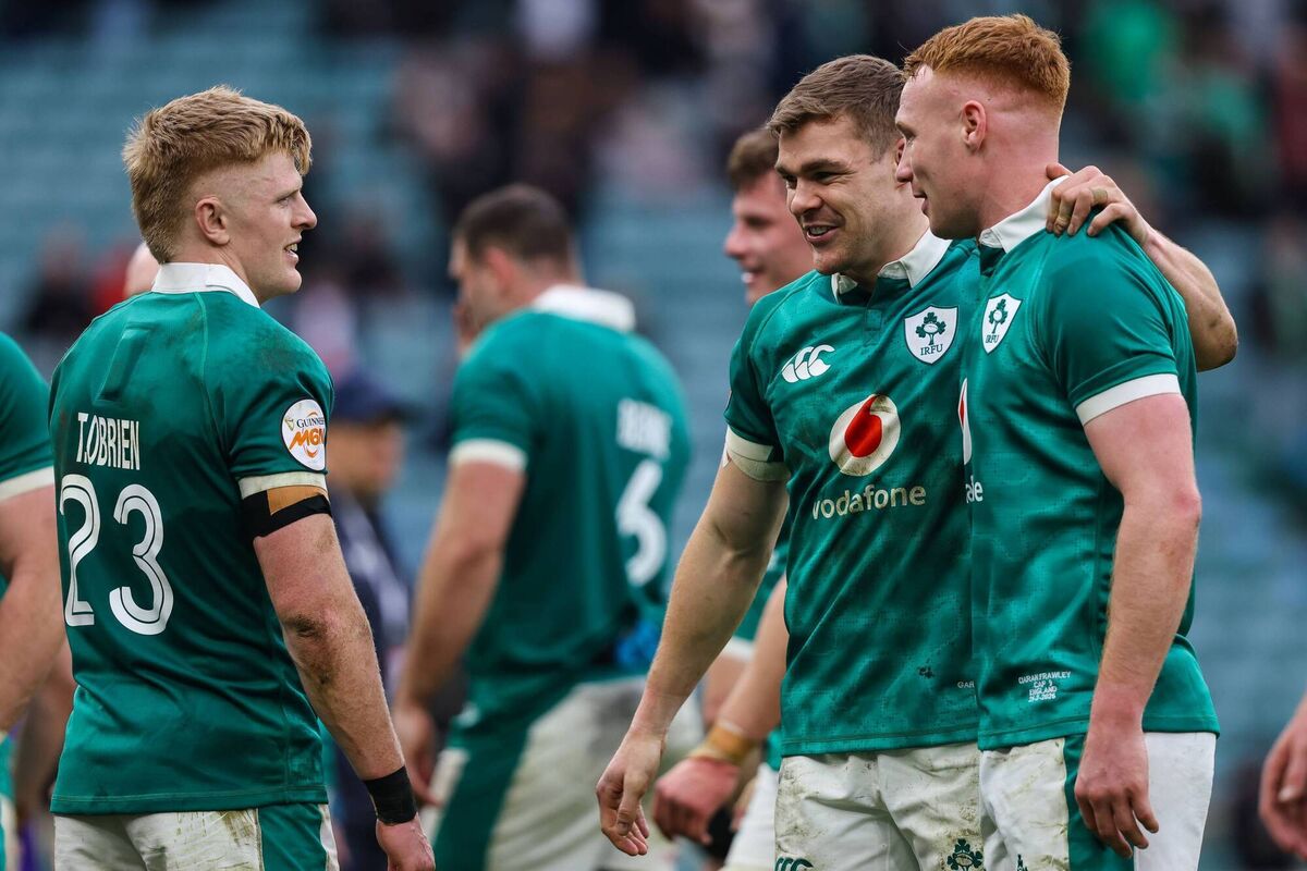 Ireland players Tommy O'Brien, Garry Ringrose and Ciarán Frawley celebrate Ireland's victory against England. Picture: INPHO/Ben Brady