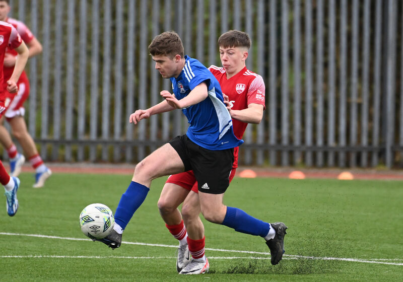 Wilton United's Cian McCarthy gets past Cork City's Cathal O'Sullivan during the 2024 Munster Senior Cup quarter-final. Picture: Eddie O'Hare