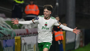 <p> YOUNG GUN: Cork City's Cathal O'Sullivan celebrates his goal against Bray Wanderers. Picture: Eddie O'Hare</p>