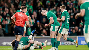 <p>Ireland's Jacob Stockdale celebrates after Jamie Osborne scores a try against Wales. Picture: INPHO</p>
