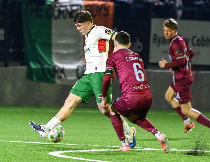  Cork City's Joshua Fitzpatrick battles with Cobh Ramblers' Shane Griffin on Friday night. Picture: David Keane.