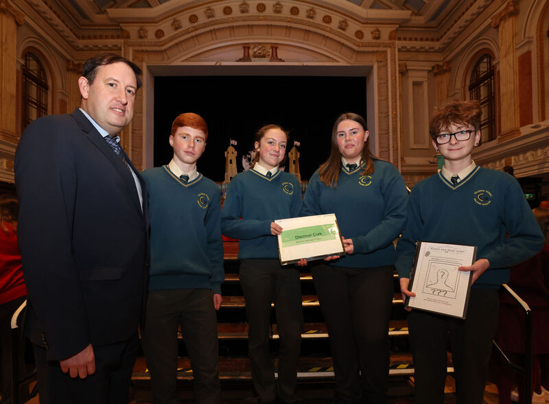  Cllr Kieran McCarthy with Ciaran Long, Fia O'Flynn McDonagh, Sophie Murphy and Dean Horgan, all Glanmire Community College.