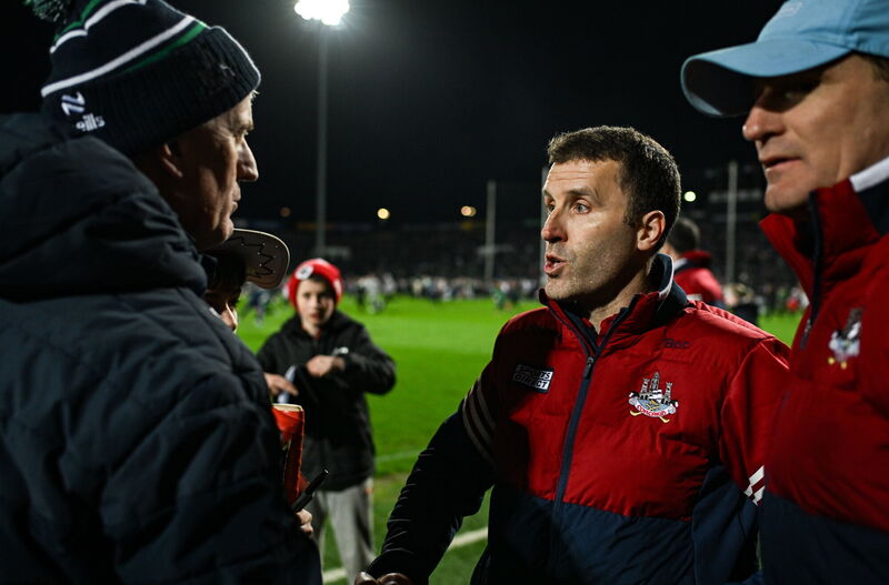 Cork manager Ben O'Connor shakes hands with his Limerick counterpart John Kiely. Picture: Brendan Moran/Sportsfile