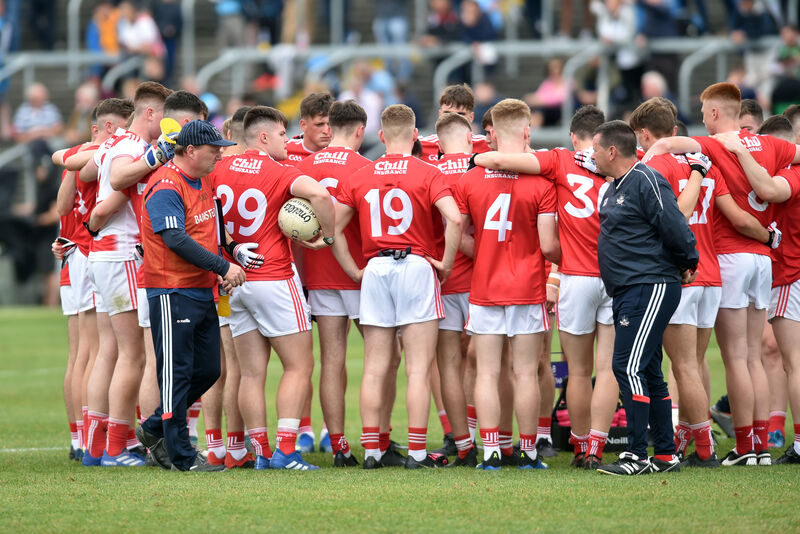 Cork manager Keith Ricken and selector Pat Spratt watch the players huddle prior to the game against Dublin in the All-Ireland U20 football final in 2019. Picture: Eddie O'Hare