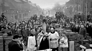<p class="contextmenu internal_Caption">The foundation stone of the Church of the Annunciation, Blackpool, being laid by Bishop of Cork Daniel Cohalan in 1945. Readers recall going to Mass during Lent in today’s Throwback Thursday</p>