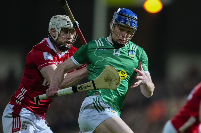 Shane O'Brien of Limerick takes on Dáire O'Leary of Cork. Picture: INPHO/James Lawlor