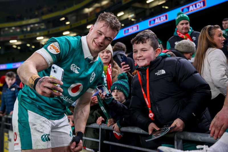 Josh van der Flier takes a selfie with fans at the Aviva. Picture: INPHO/Ben Brady