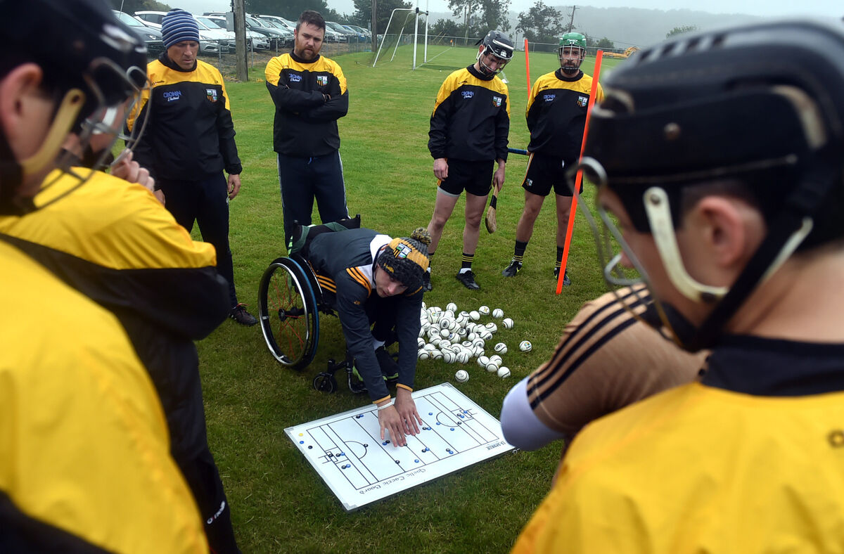 Jamie Wall discussing tactics with his Kilbrittain team prior to the return to action after the Covid lockdown in 2020. Picture: Eddie O'Hare
